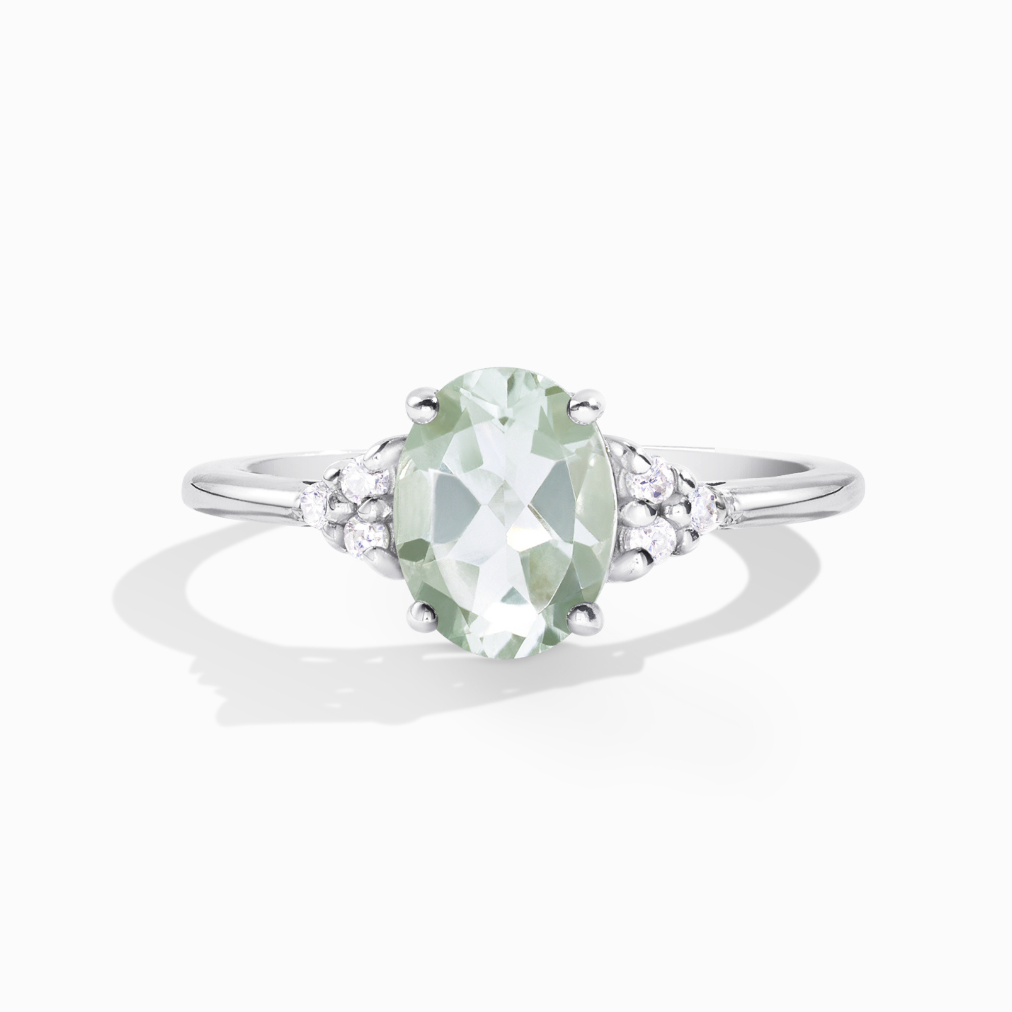 Green amethyst ring in sterling silver on white background