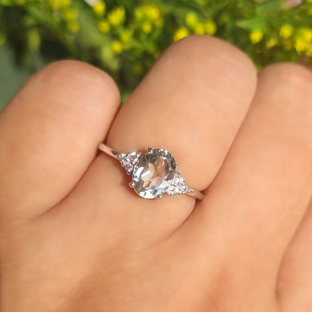 Green amethyst ring in sterling silver on hand