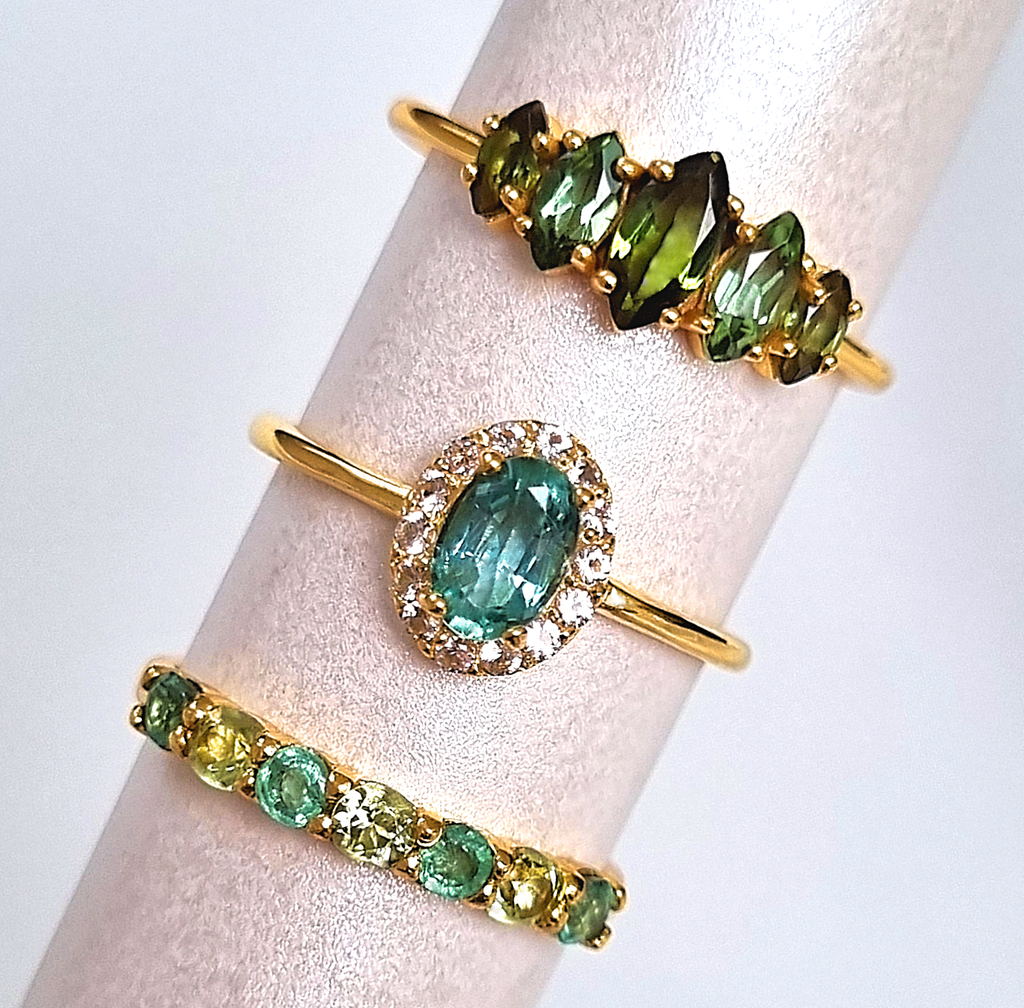 Green gemstone rings with emerald green tourmaline and peridot in 18k gold vermeil