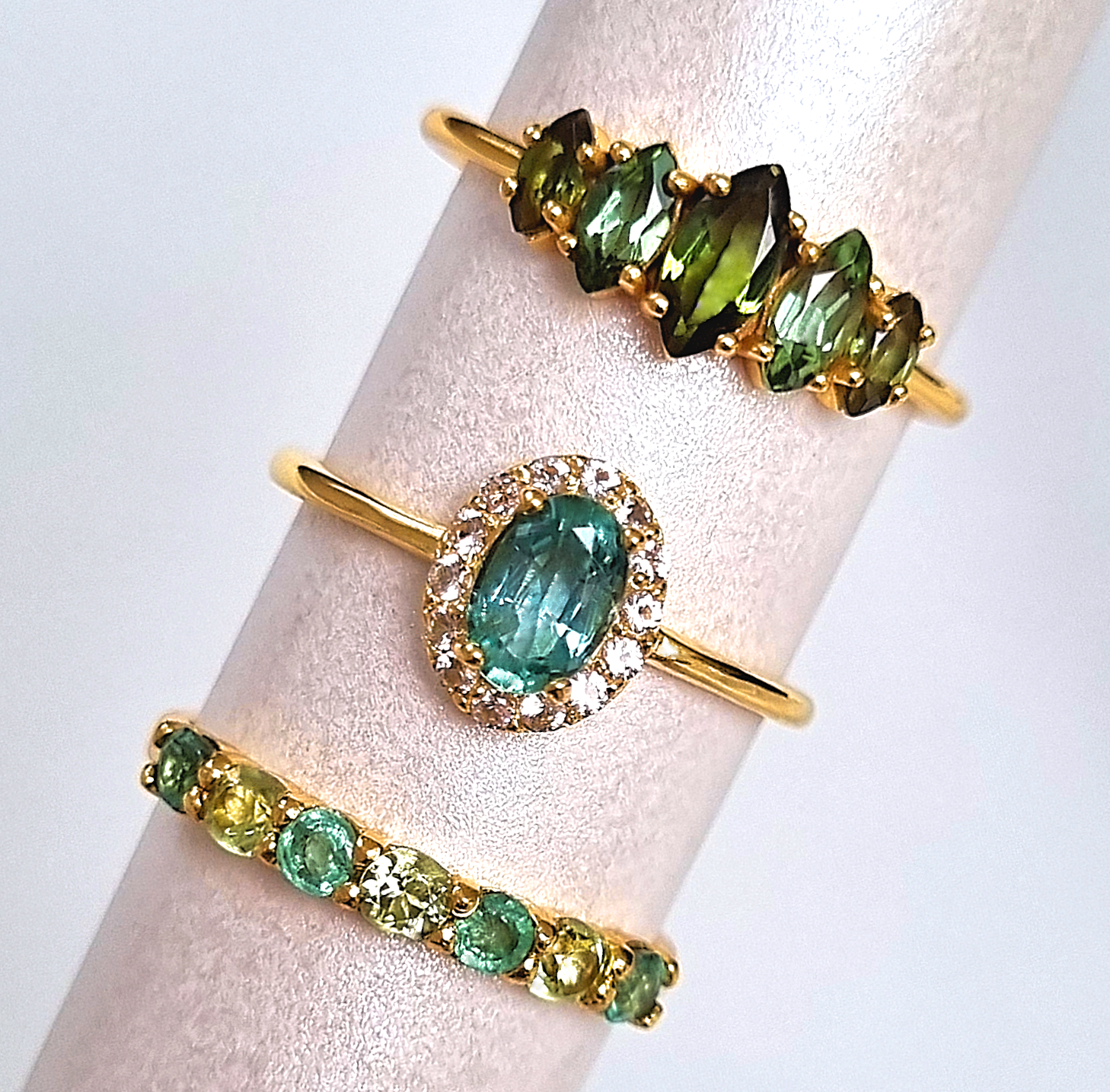 Green gemstone rings with emerald green tourmaline and peridot in 18k gold vermeil
