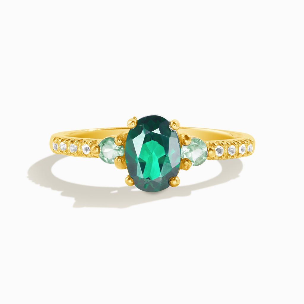 Green topaz and green tourmaline ring in 18k gold vermeil on white background