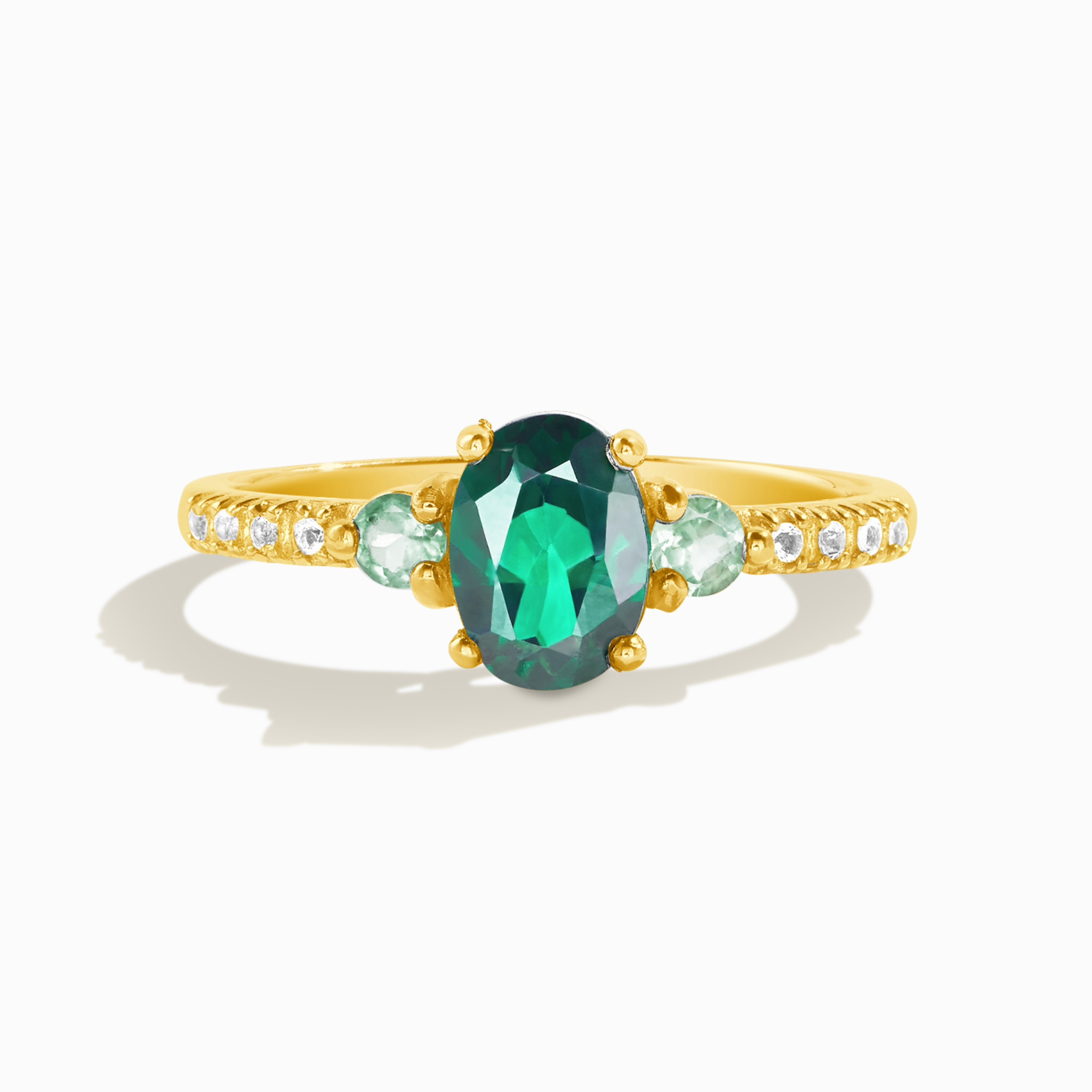 Green topaz and green tourmaline ring in 18k gold vermeil on white background