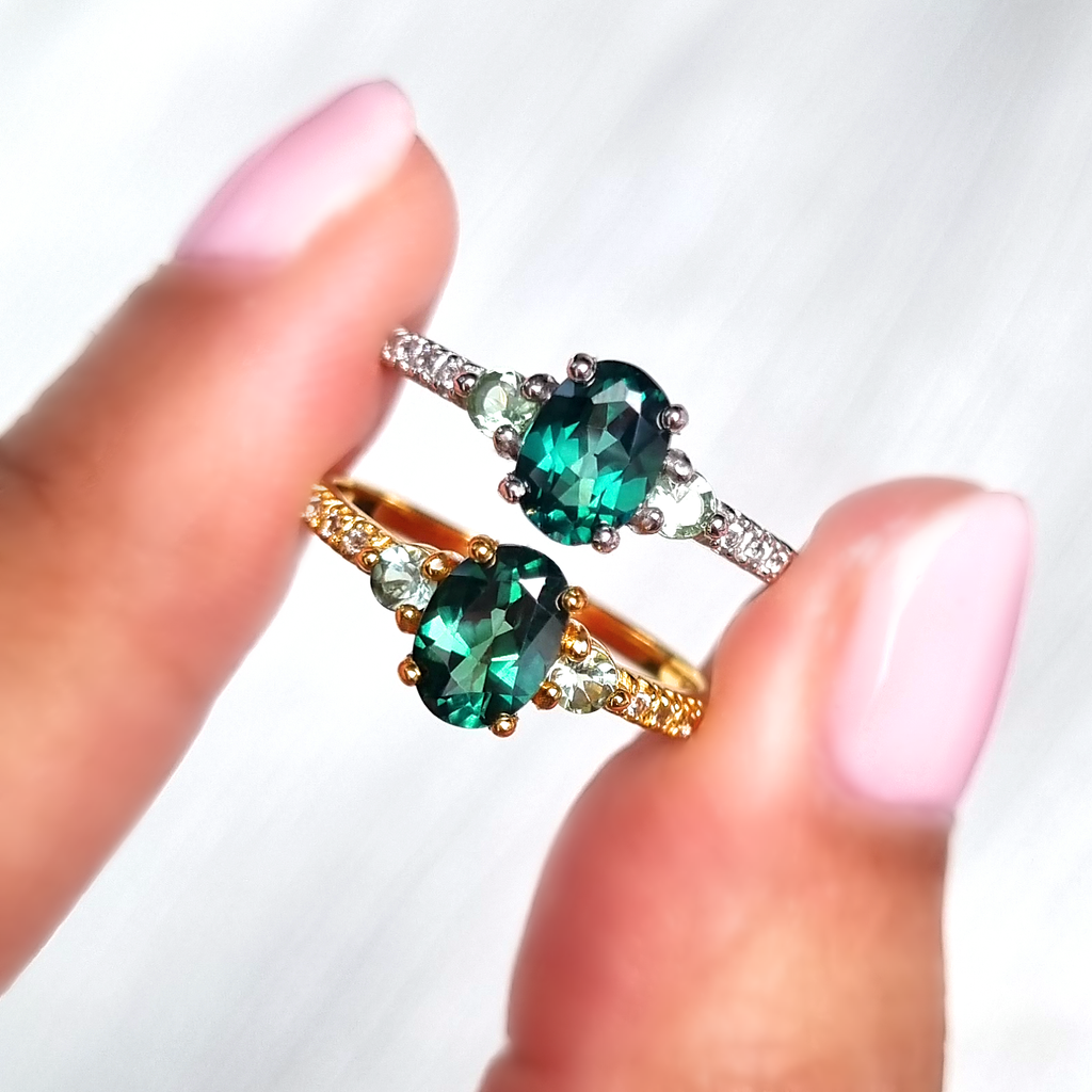 Green topaz and green tourmaline rings in sterling silver and 18k gold vermeil product group