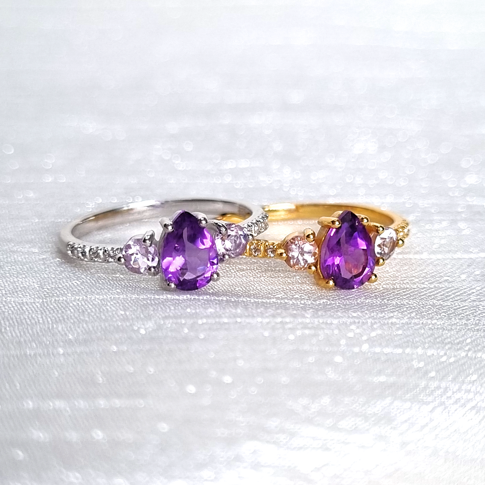 Amethyst and lavender amethyst rings in sterling silver and 18k gold vermeil group image