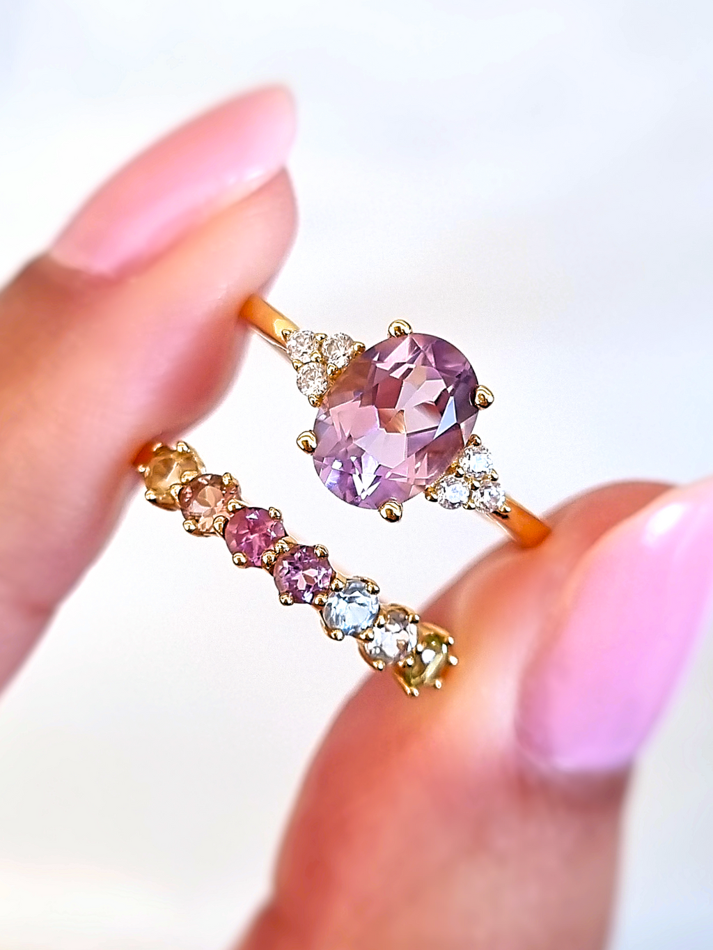 Pastel rainbow ring and lavender amethyst ring in 18k gold vermeil group image