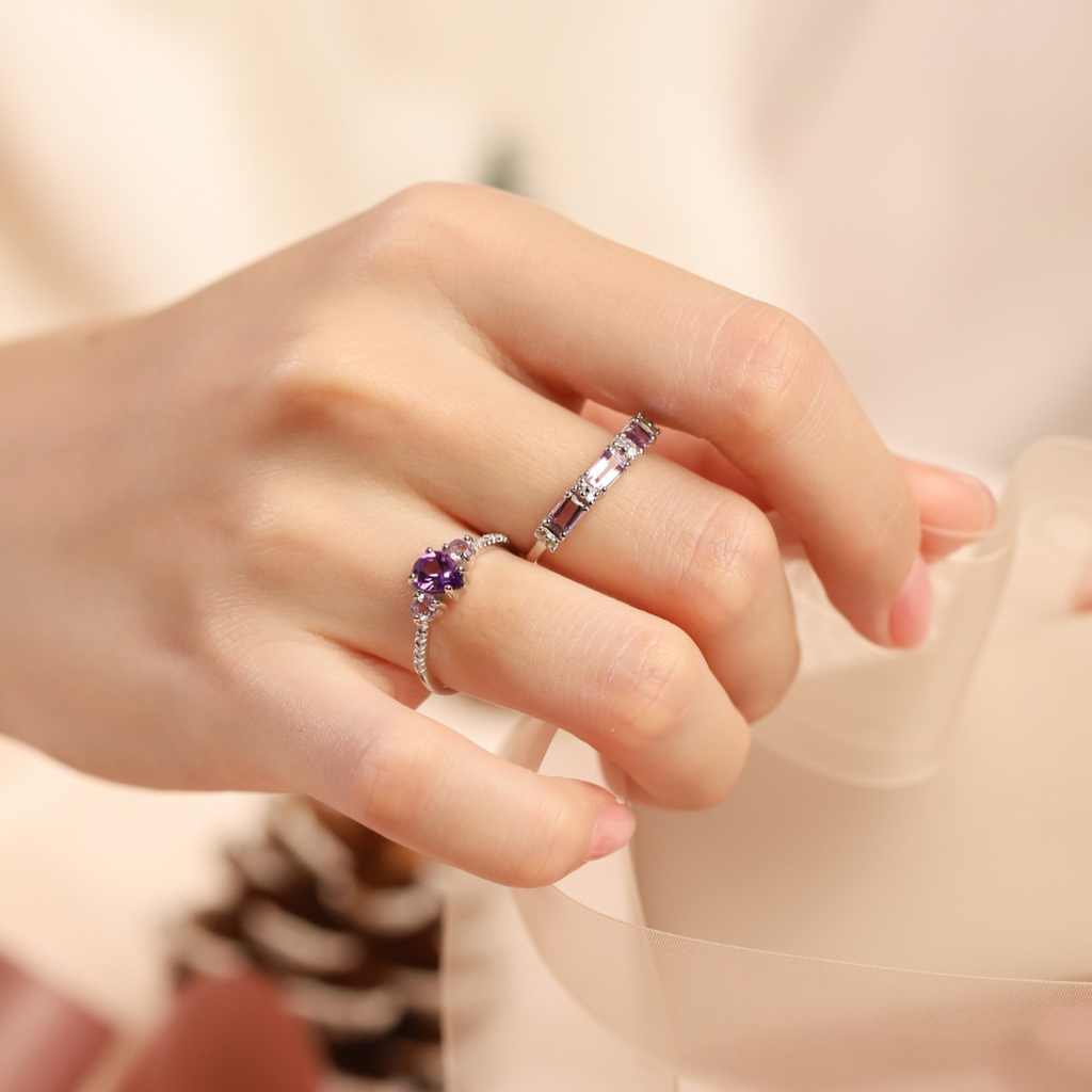 Amethyst and lavender amethyst rings in sterling silver group image
