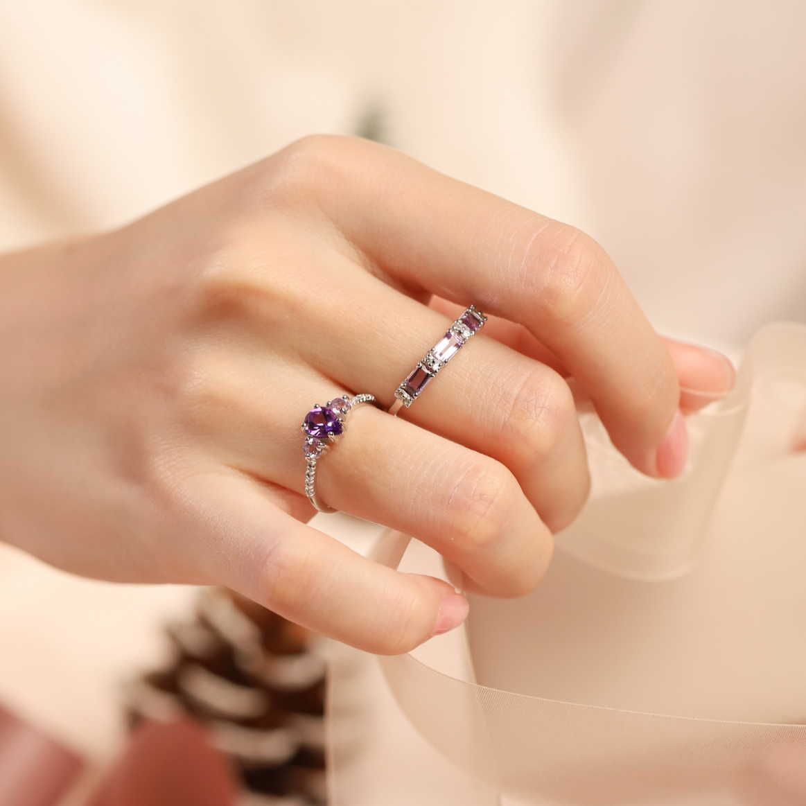 Amethyst and lavender amethyst rings in sterling silver group image