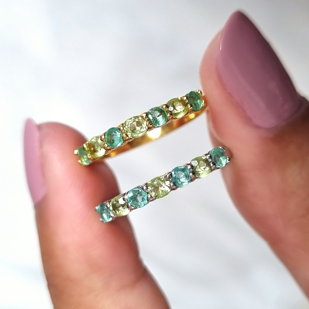 Emerald and peridot half eternity bands in sterling silver and 18k gold vermeil