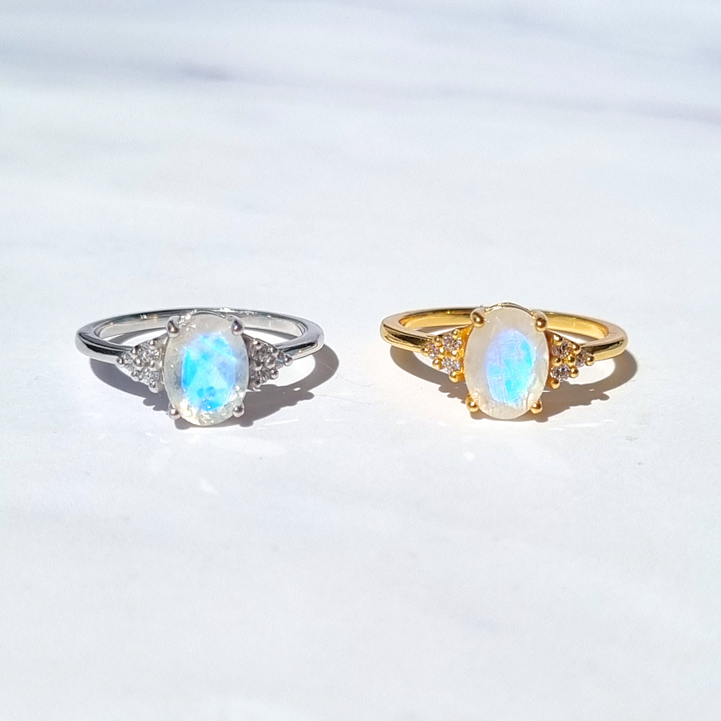 Rainbow moonstone oval cut rings in 18k gold vermeil and sterling silver group image