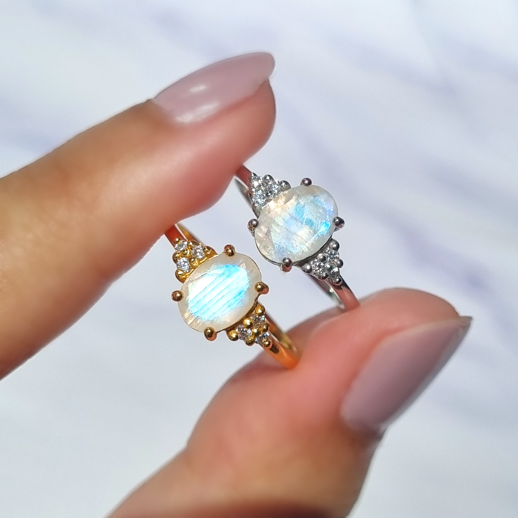 Rainbow moonstone oval cut rings in sterling silver and 18k gold vermeil group image