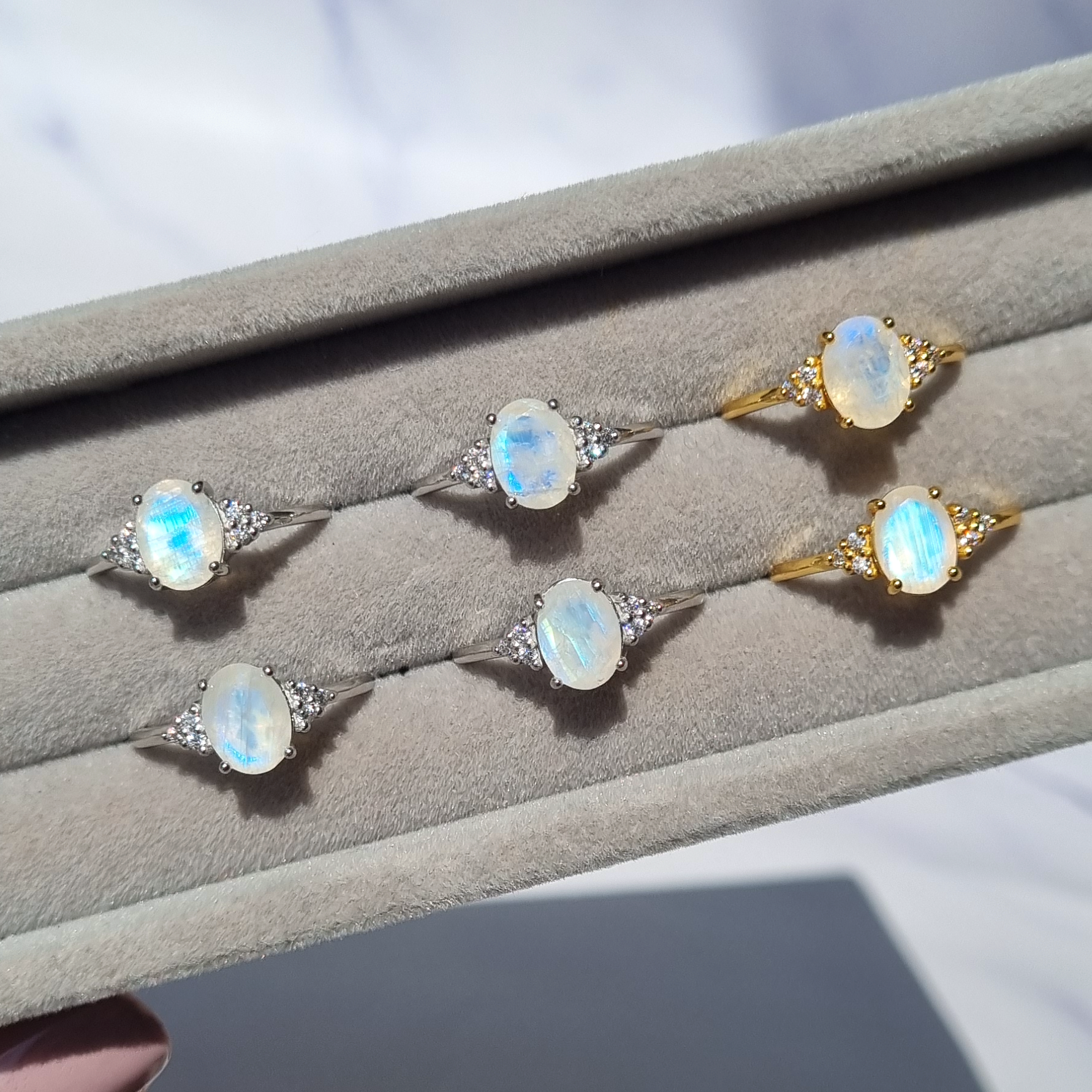Rainbow moonstone rings in sterling silver and 18k gold vermeil group image