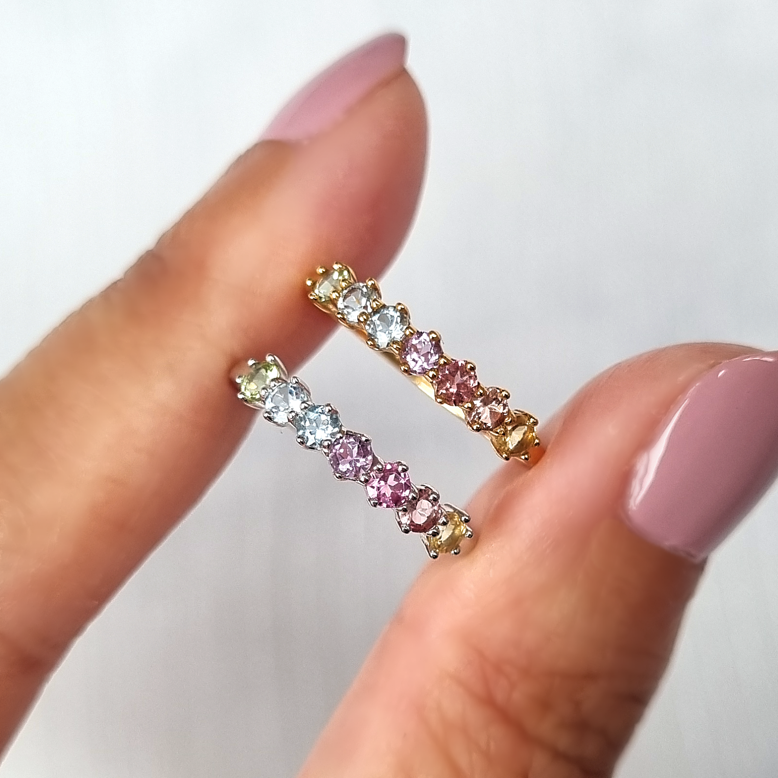 Pastel rainbow gemstone rings in sterling silver and gold vermeil group image