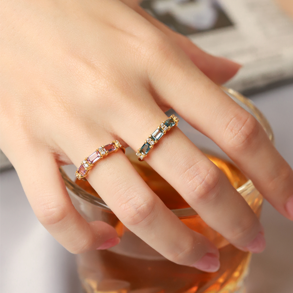 Lavender amethyst and London blue topaz emerald cut eternity rings group image