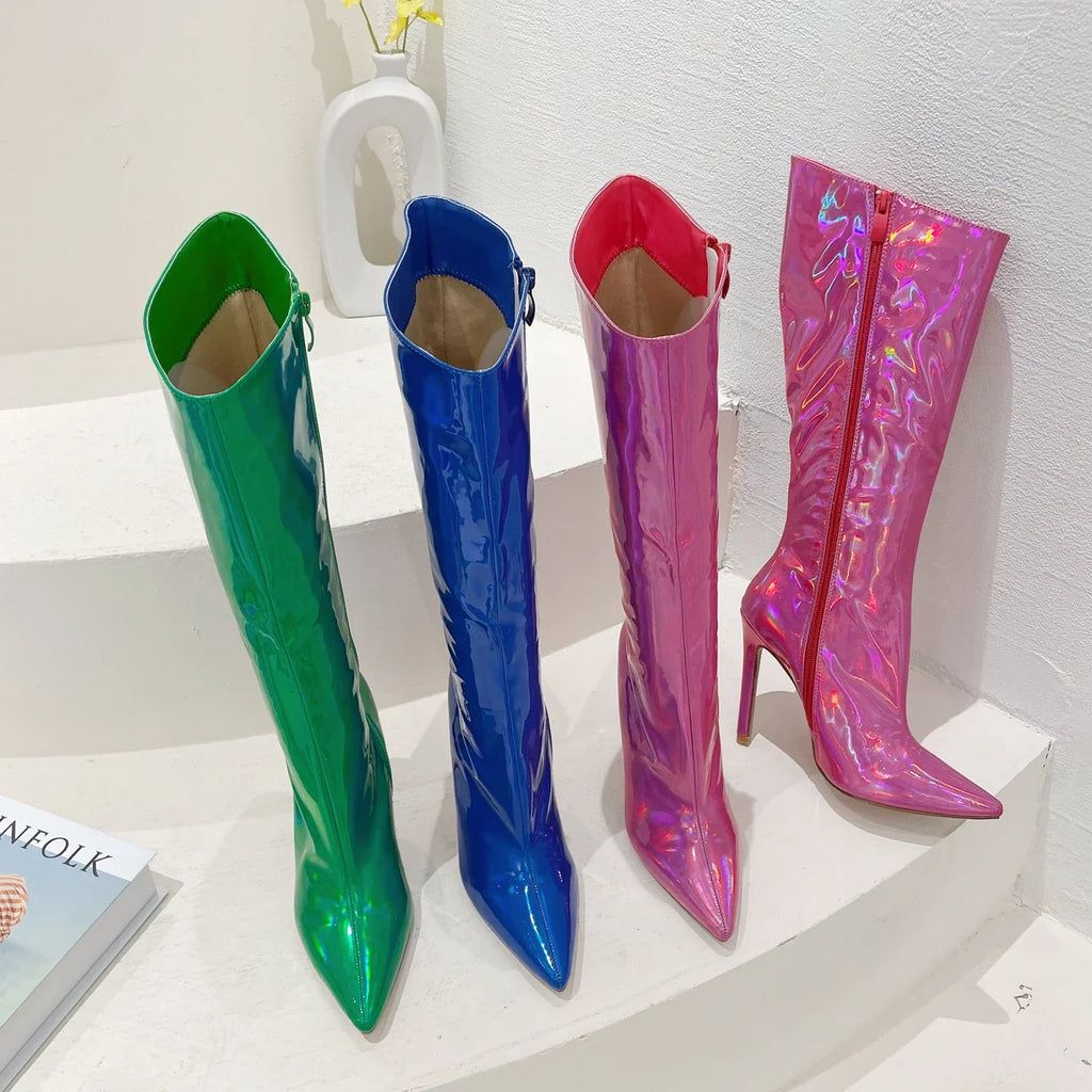 Kenike pointed toe high-heeled boots close-up detail