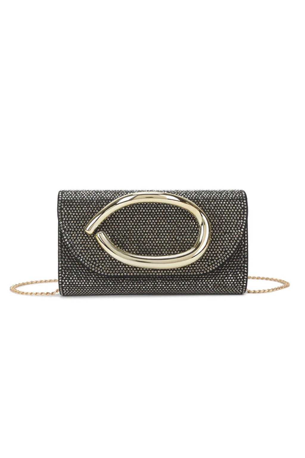 Aftershock London black crystal embellished evening clutch bag front view