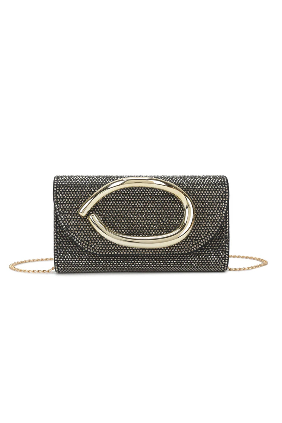 Aftershock London black crystal embellished evening clutch bag front view