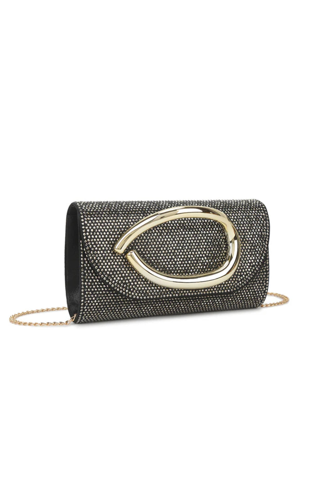 Aftershock London black crystal embellished clutch bag side detail