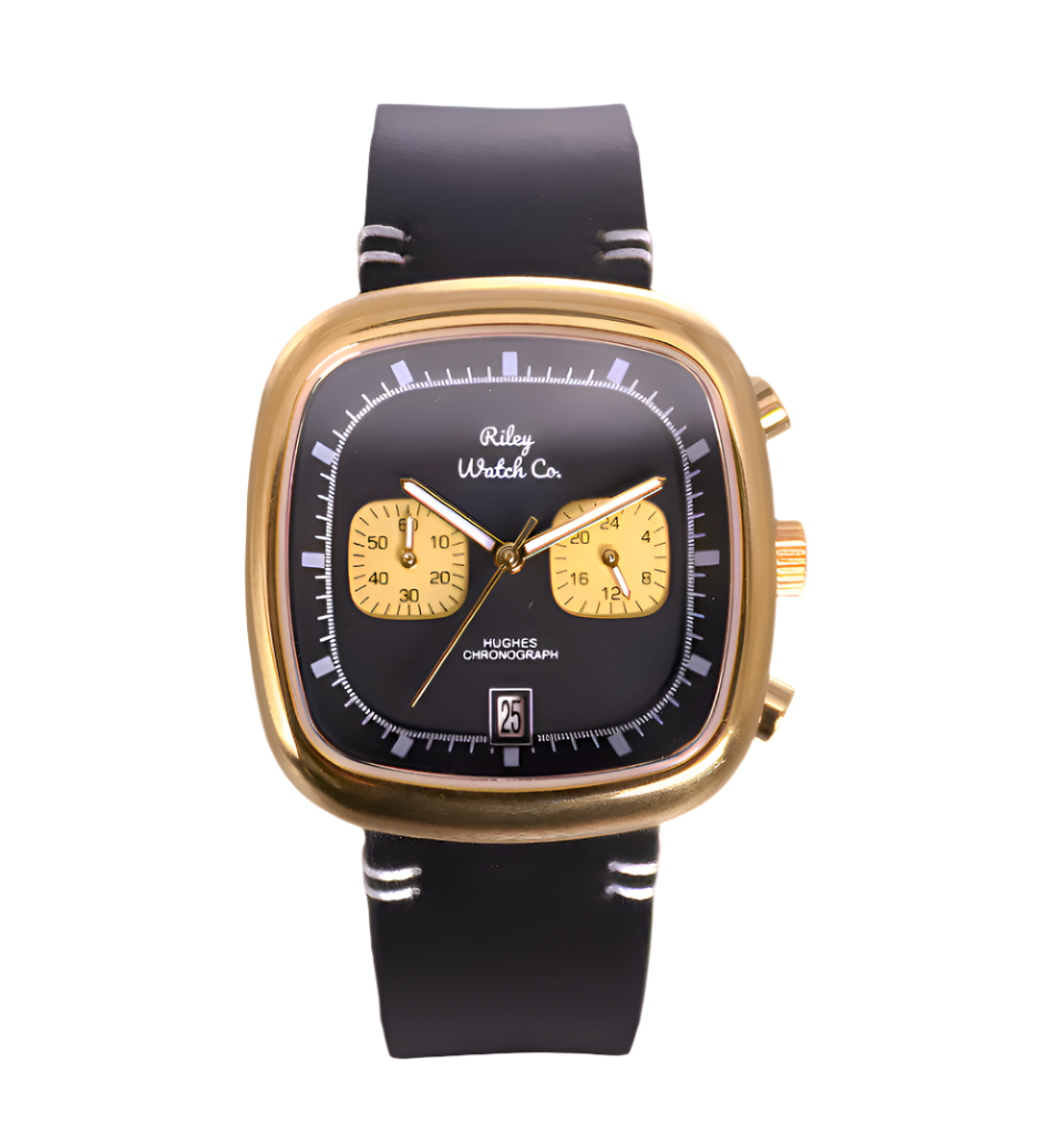 Gold chronograph watch with leather strap