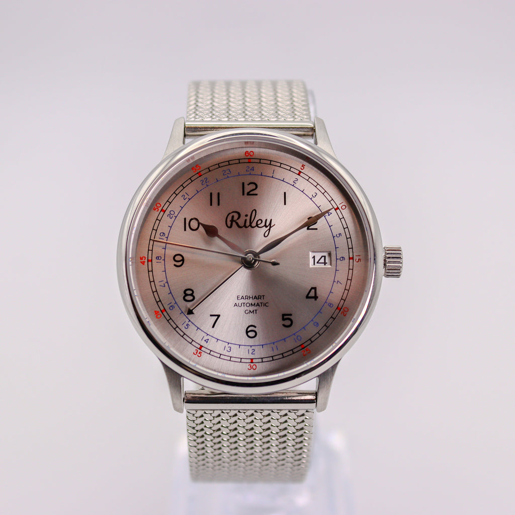 Riley Amelia Earhart AE01-GMT Electra Silver steel mesh watch detail image