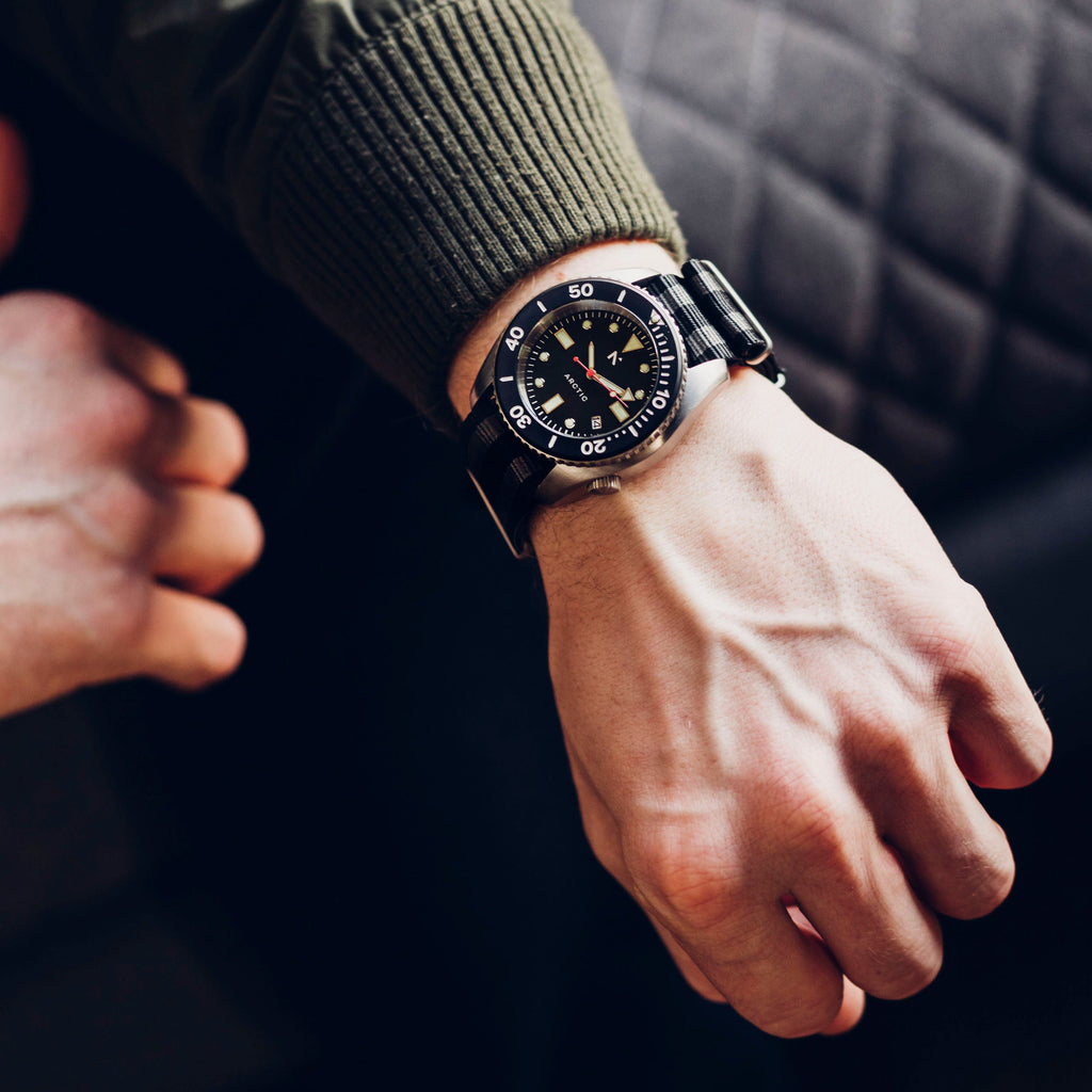 Rotate North Arctic automatic dive watch with black and grey NATO strap