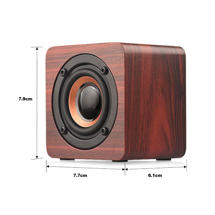Q1 mini Bluetooth speaker detail image showing wood-style shell