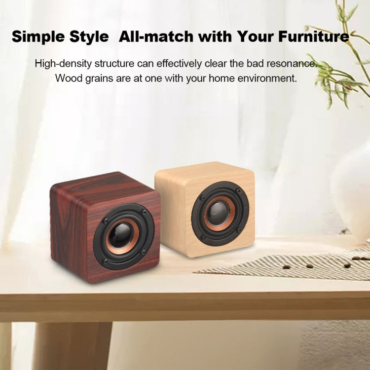 Q1 wooden mini Bluetooth speaker package image with charging cable