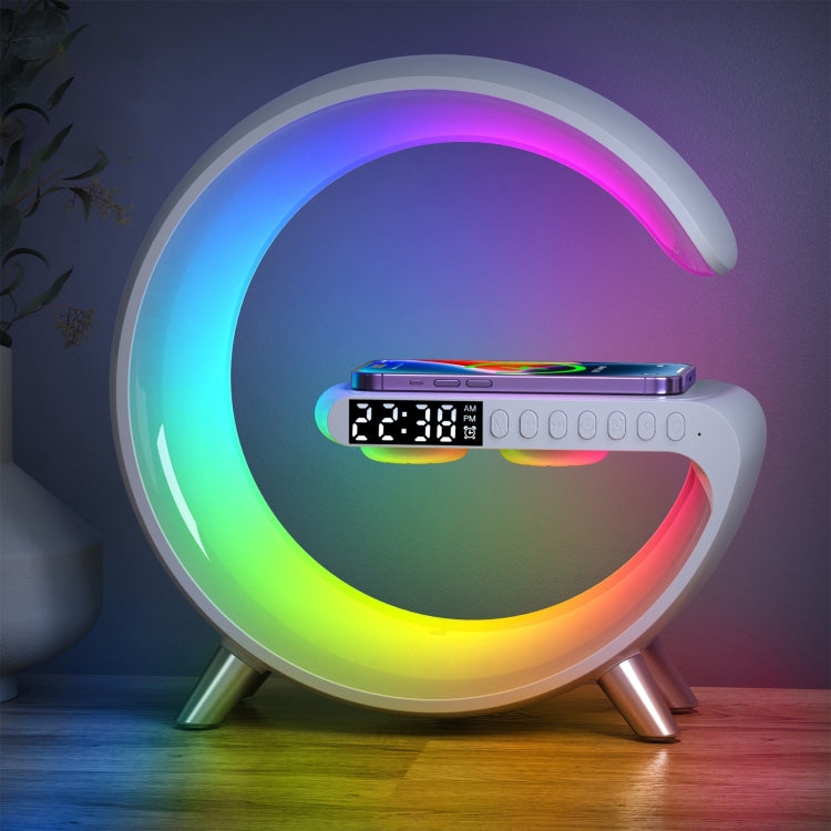 N69 smart Bluetooth speaker with wireless charger alarm clock and ambient light in white
