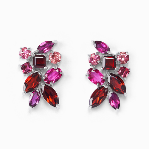 Large red gemstone cluster earrings in sterling silver on white background