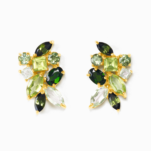 Large green gemstone cluster earrings in 18k gold vermeil on white background