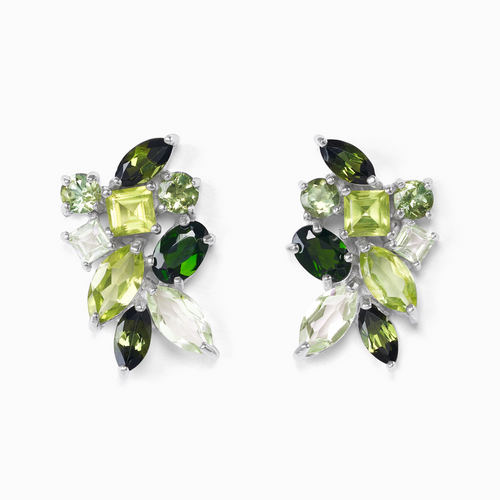 Large green gemstone cluster earrings in sterling silver on white background