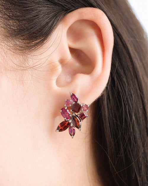 Large red gemstone cluster earrings in sterling silver model image