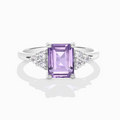 Lavender amethyst emerald cut ring in sterling silver on white background