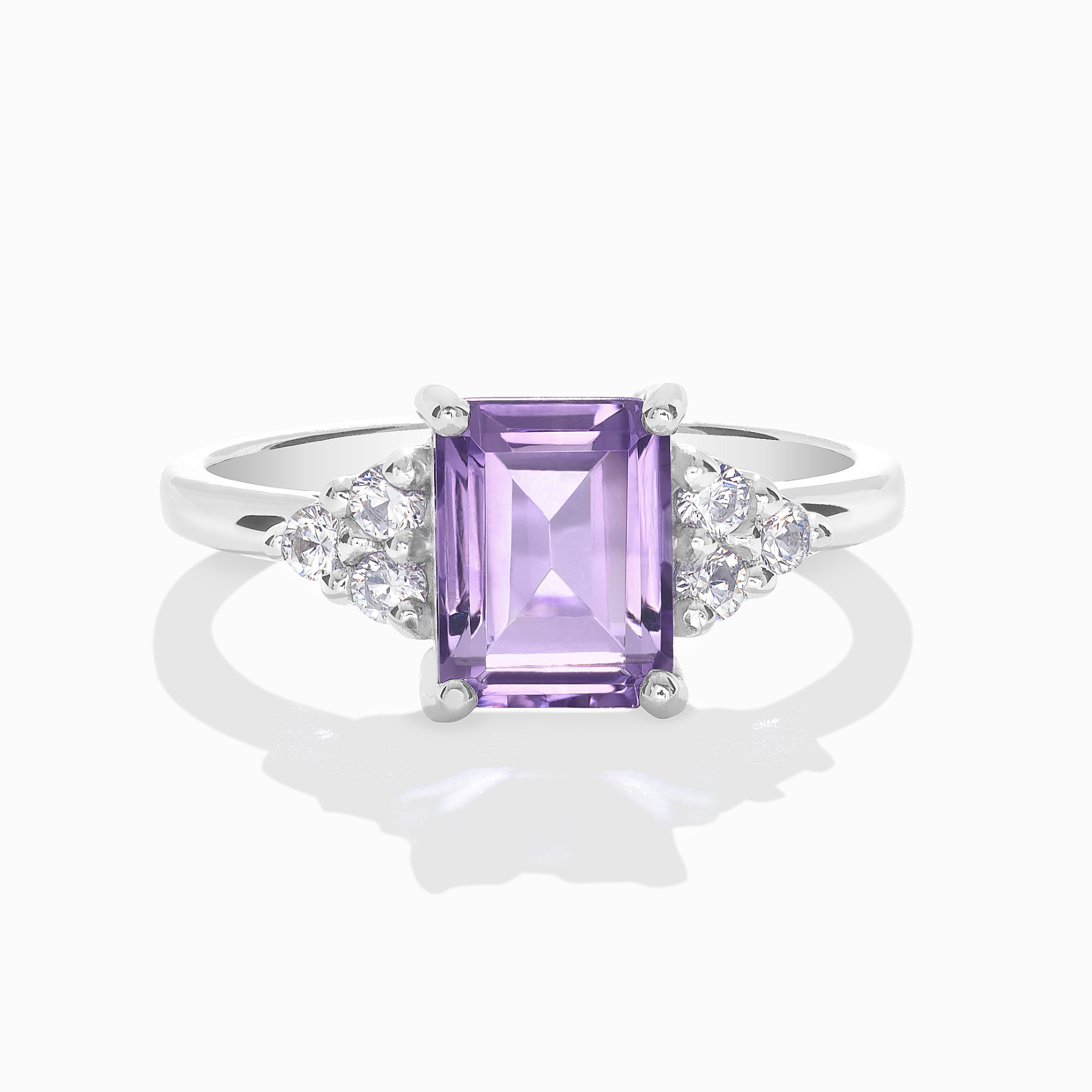 Lavender amethyst emerald cut ring in sterling silver on white background