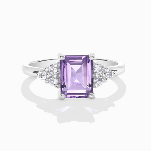 Lavender amethyst emerald cut ring in sterling silver on white background