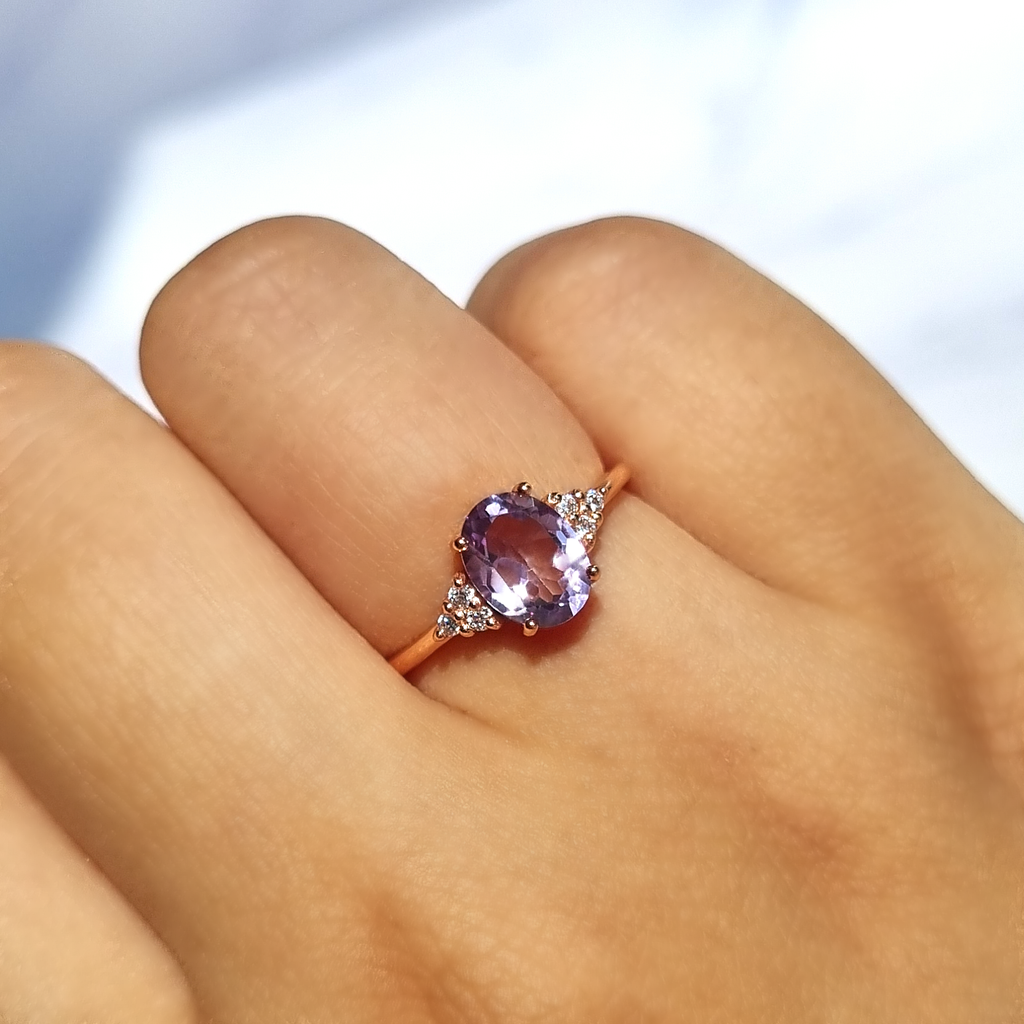 Lavender amethyst ring in 18k rose gold vermeil on hand