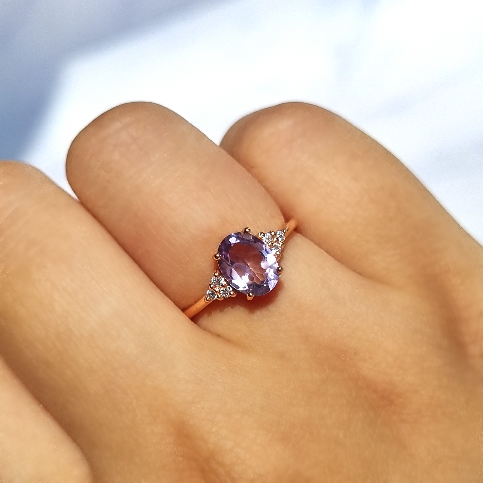 Lavender amethyst ring in 18k rose gold vermeil on hand