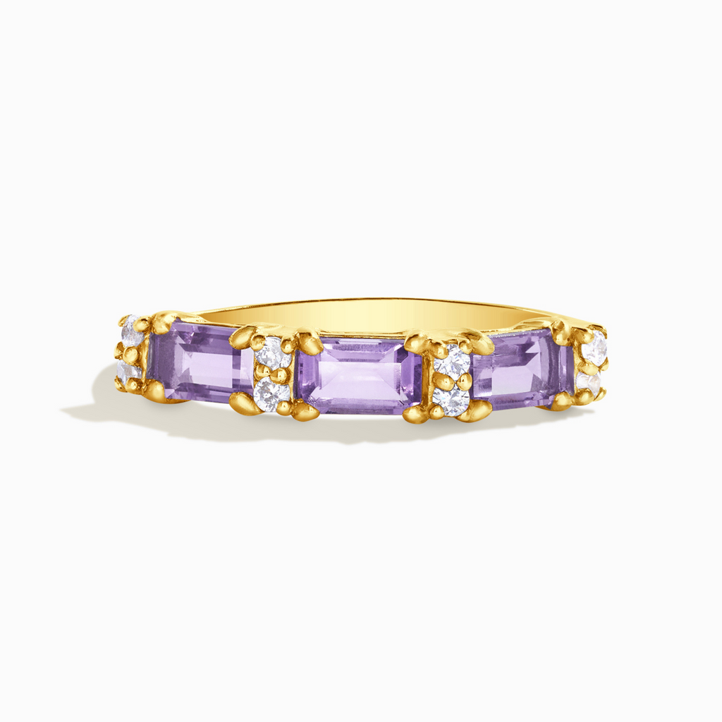 Lavender amethyst emerald cut eternity ring in 18k gold vermeil on white background
