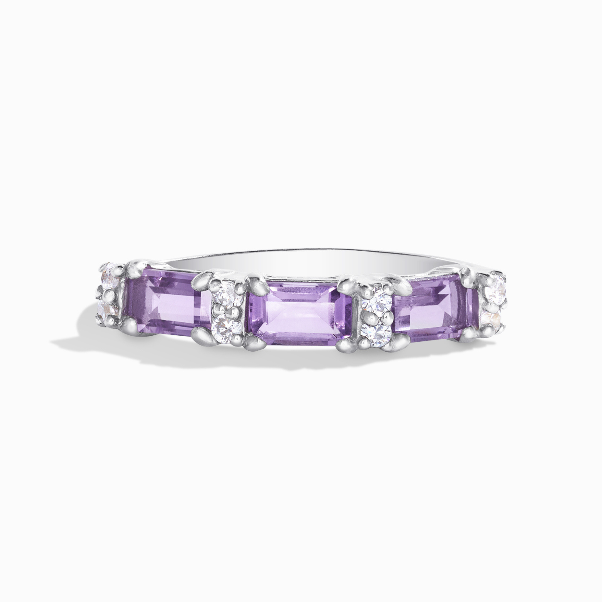 Lavender amethyst emerald cut eternity ring in sterling silver on white background