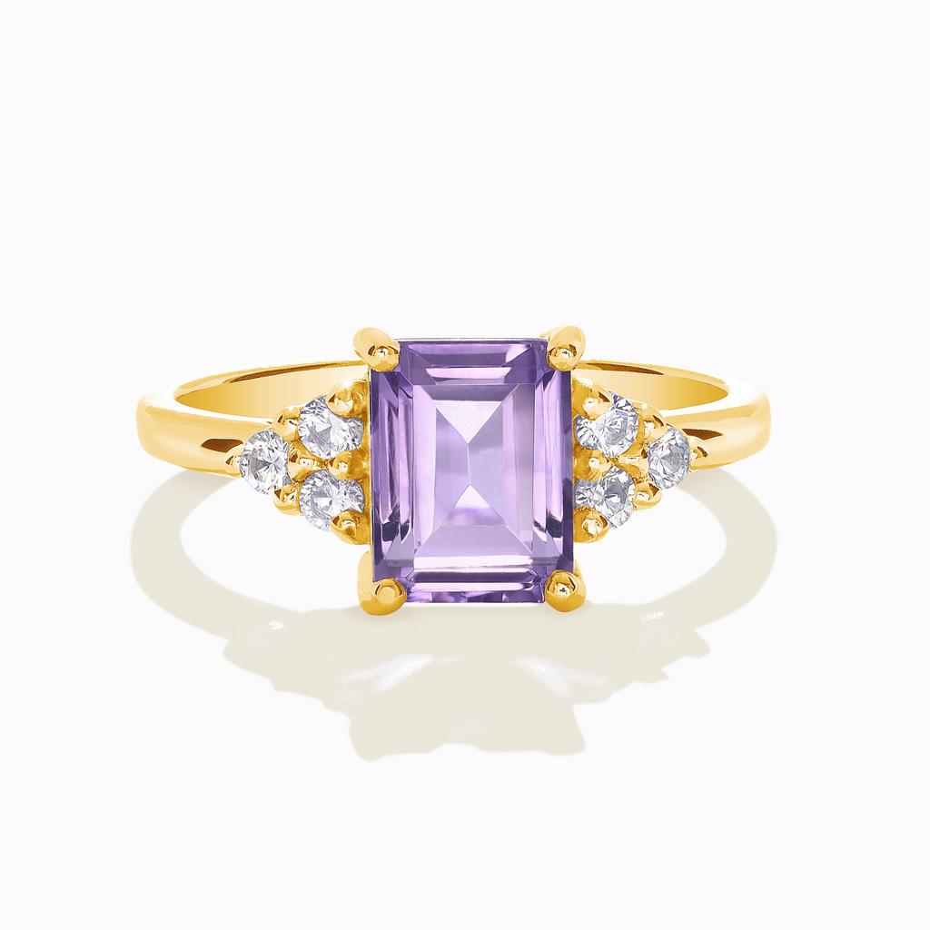 Lavender amethyst emerald cut ring in 18k gold vermeil on white background