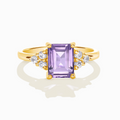 Lavender amethyst emerald cut ring in 18k gold vermeil on white background
