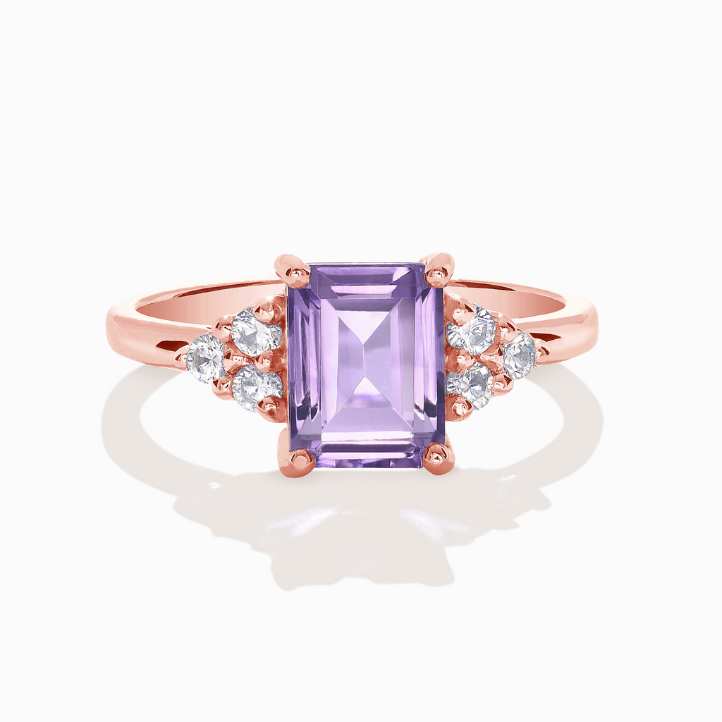 Lavender amethyst emerald cut ring in 18k rose gold vermeil on white background