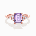 Lavender amethyst emerald cut ring in 18k rose gold vermeil on white background