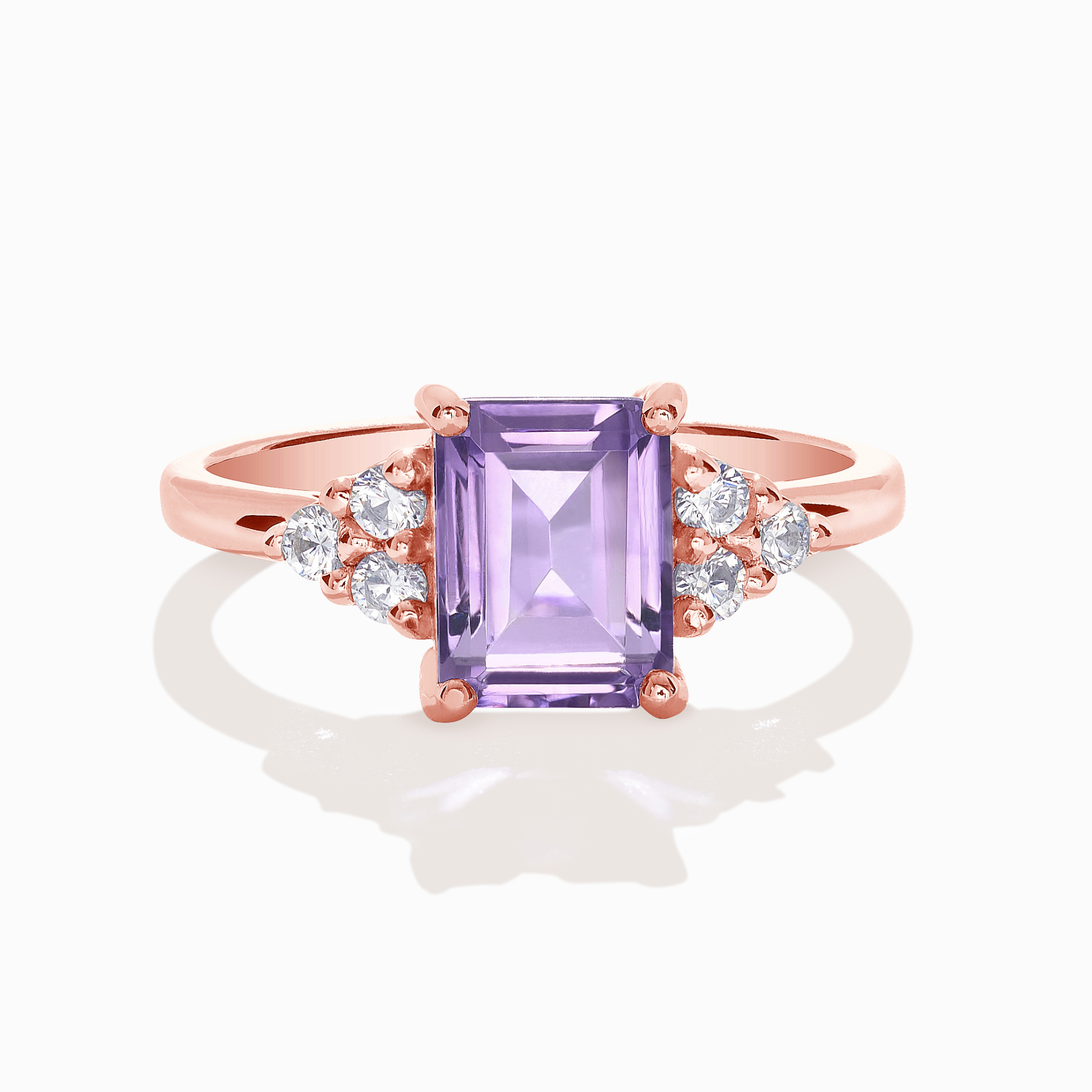 Lavender amethyst emerald cut ring in 18k rose gold vermeil on white background