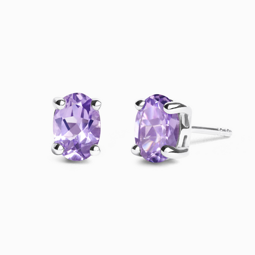 Lavender amethyst oval stud earrings in sterling silver on white background