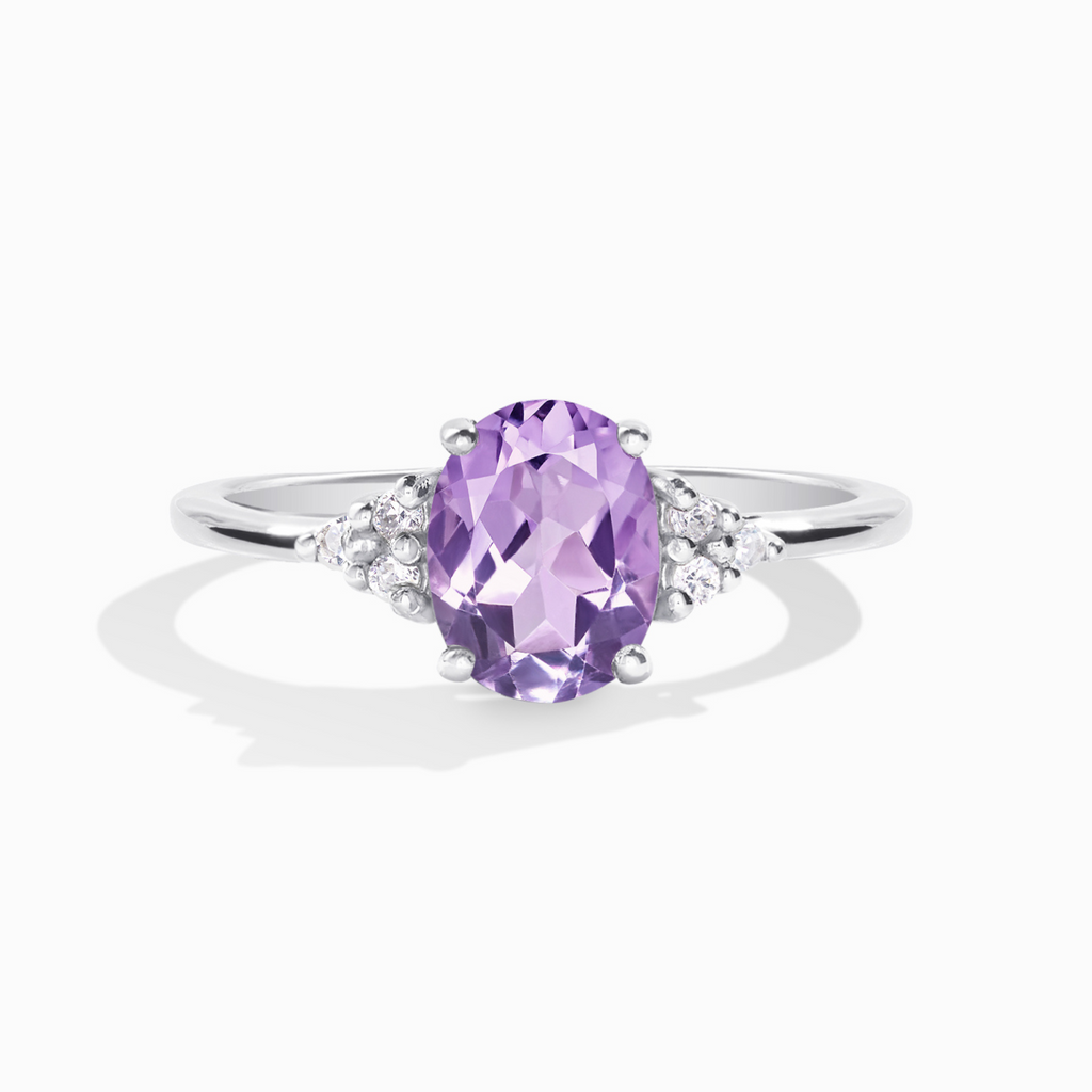 Lavender amethyst ring in sterling silver on white background
