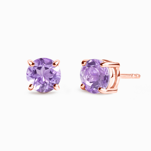 Lavender amethyst round stud earrings in 18k rose gold vermeil on white background