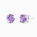 Lavender amethyst round stud earrings in sterling silver on white background