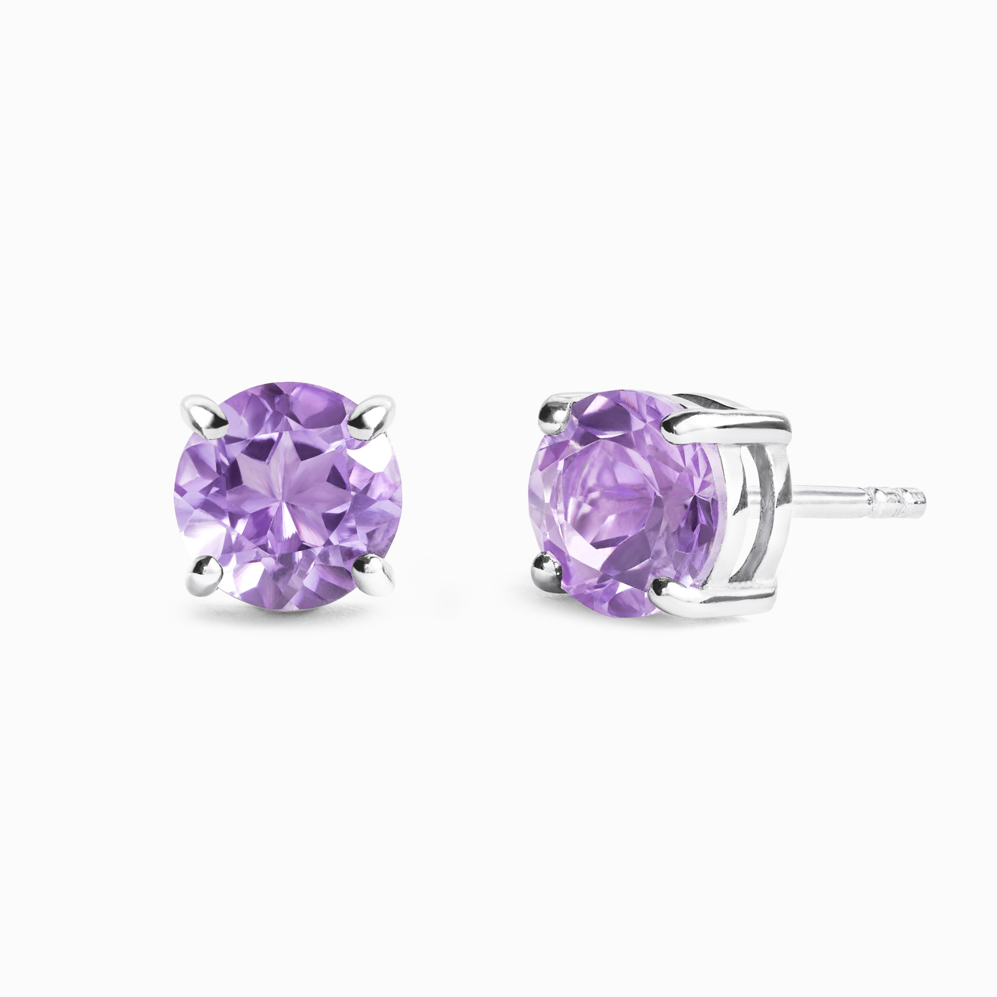 Lavender amethyst round stud earrings in sterling silver on white background