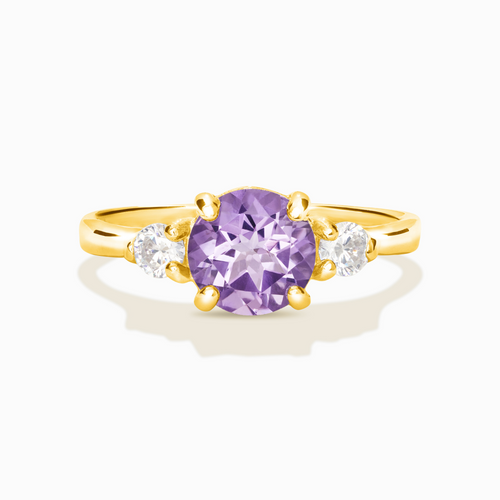 Lavender amethyst three stone ring in 18k gold vermeil on white background