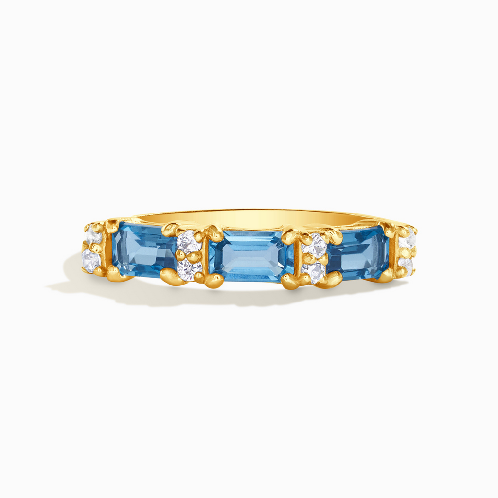 London blue topaz emerald cut eternity ring listed as 18k gold vermeil on white background